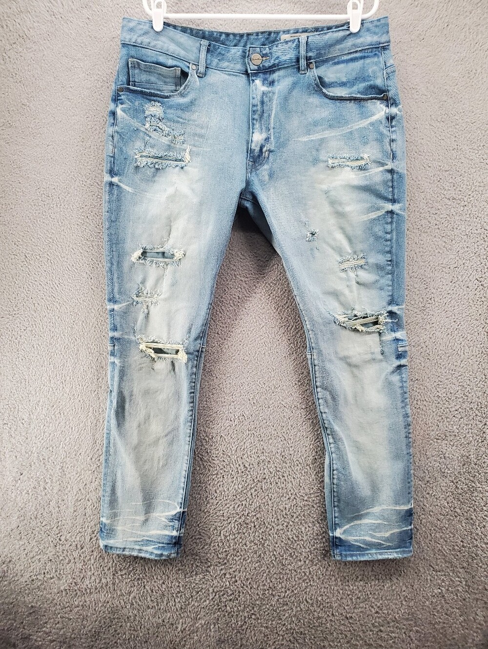 Smoke Rise Slim Vintage Washed Jeans Mens 38x32 Light Wash Blue Distressed